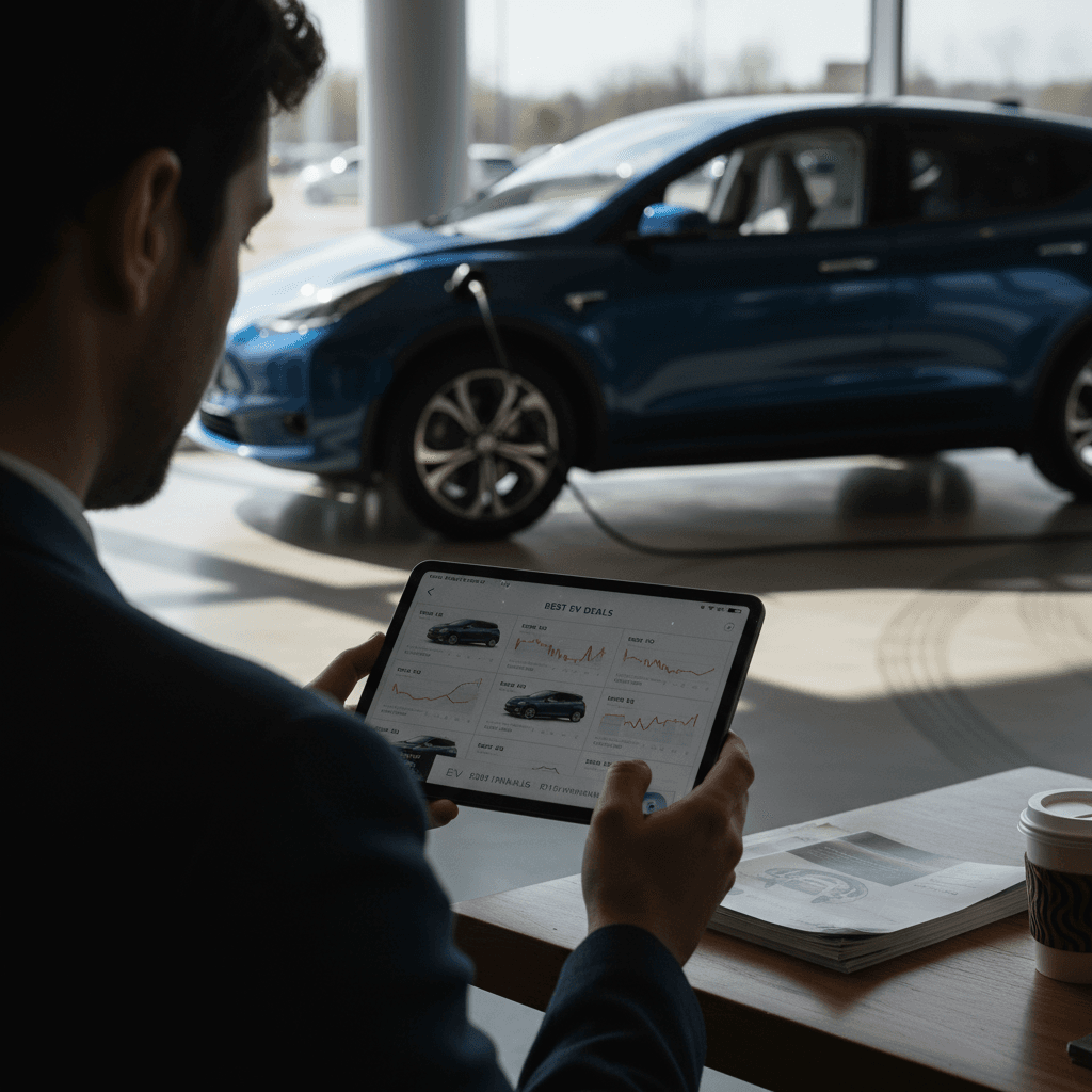 Shopper comparing used EV prices and market trends on a tablet beside an electric car