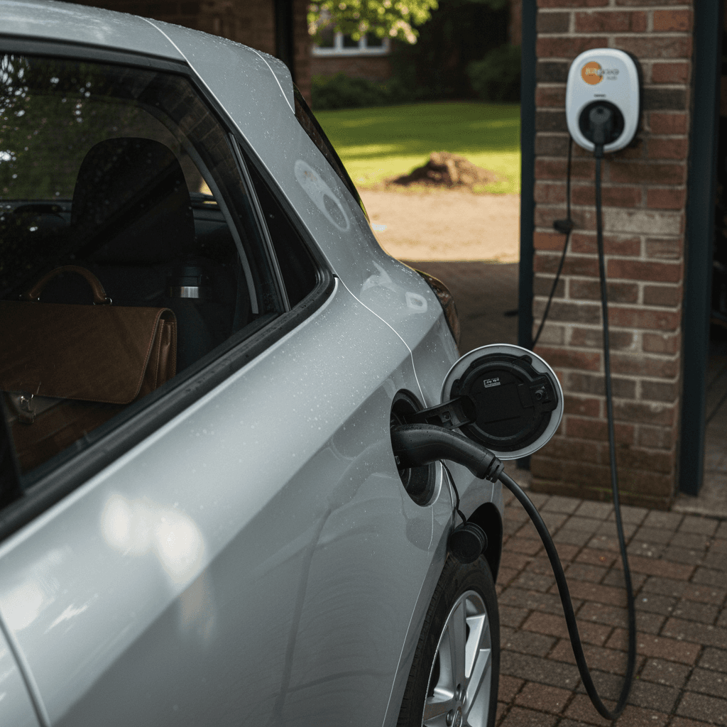 Compact electric commuter car plugged into a home Level 2 charger in a quiet suburban driveway