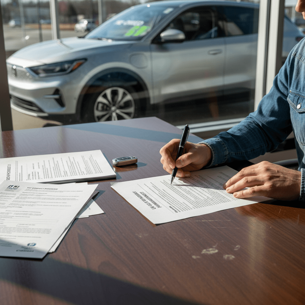 Driver in New Jersey reviewing paperwork and incentive options while purchasing a used electric vehicle