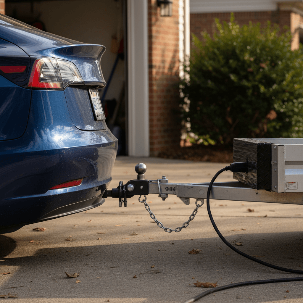 Tesla Model 3 rear tow hitch with a small trailer attached in a residential driveway
