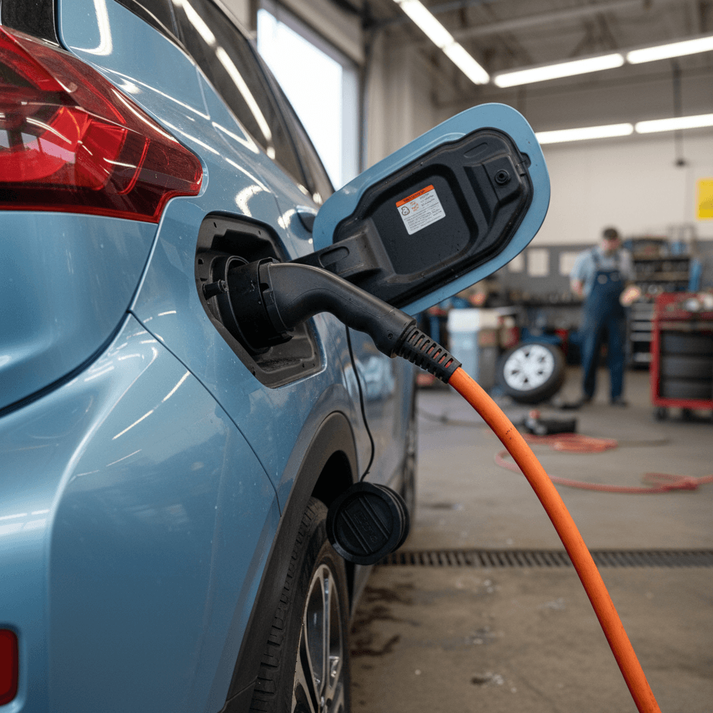 Technician inspecting the front seat area and wiring of a Chevrolet Bolt EV on a service lift