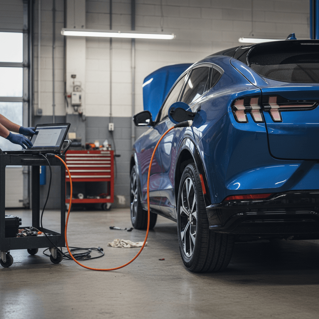 Ford Mustang Mach-E in a dealership service bay, technician running diagnostics on a laptop