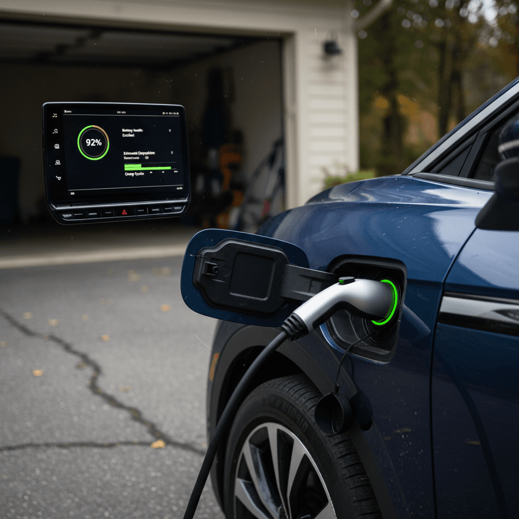 Clean Volkswagen ID.4 parked in a driveway, charging cable neatly coiled, ready to be photographed for a used EV listing