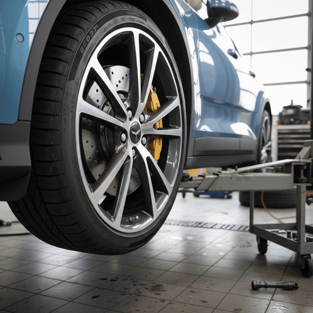 Polestar 2 wheel and brake assembly on a lift during routine inspection