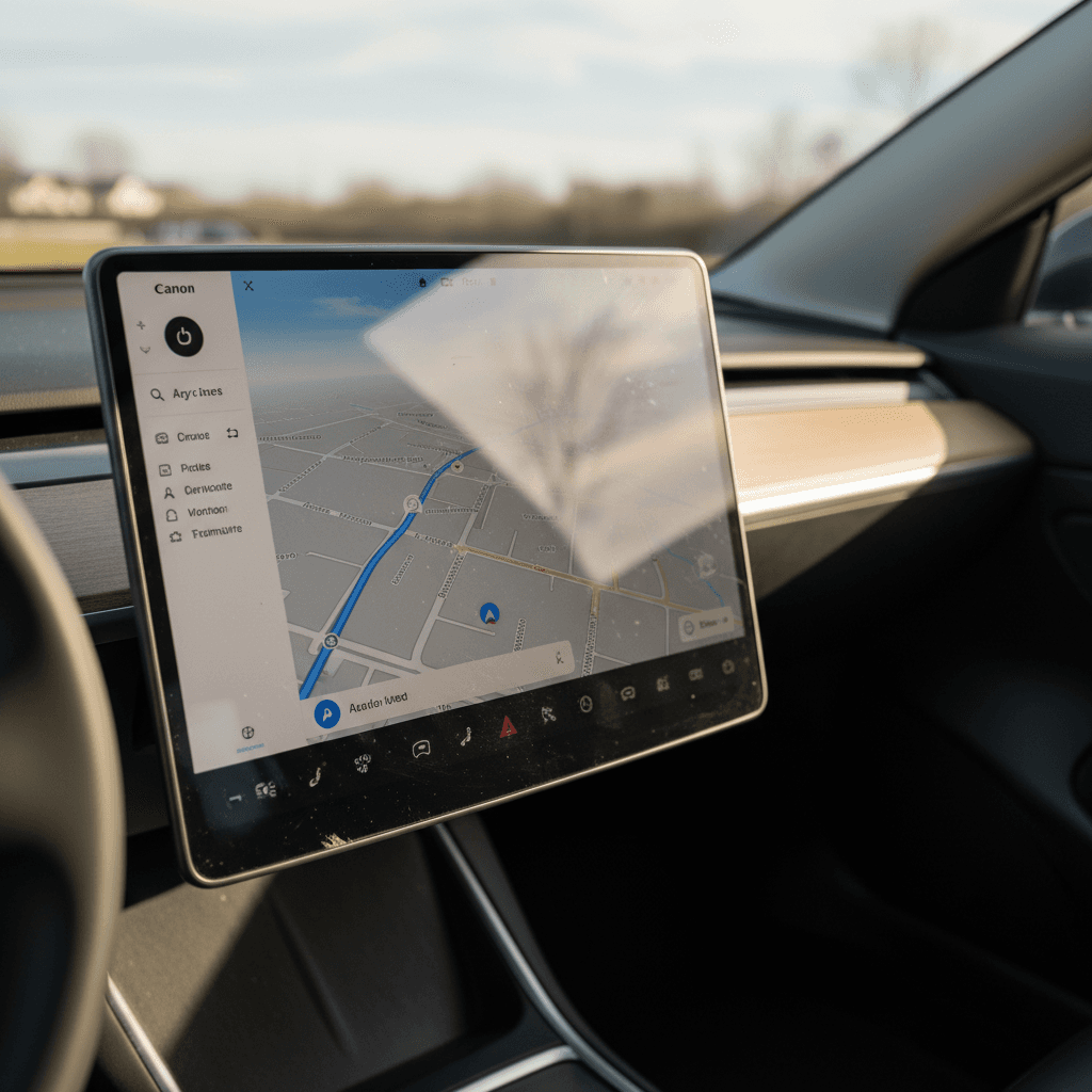 Modern Tesla Model 3 interior showing the central touchscreen and minimalist dash