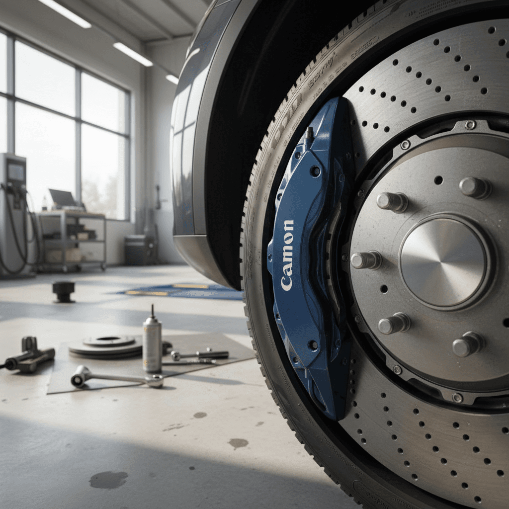 Close-up view of a Mercedes EQS alloy wheel, brake caliper, and rotor on a lift in a clean workshop