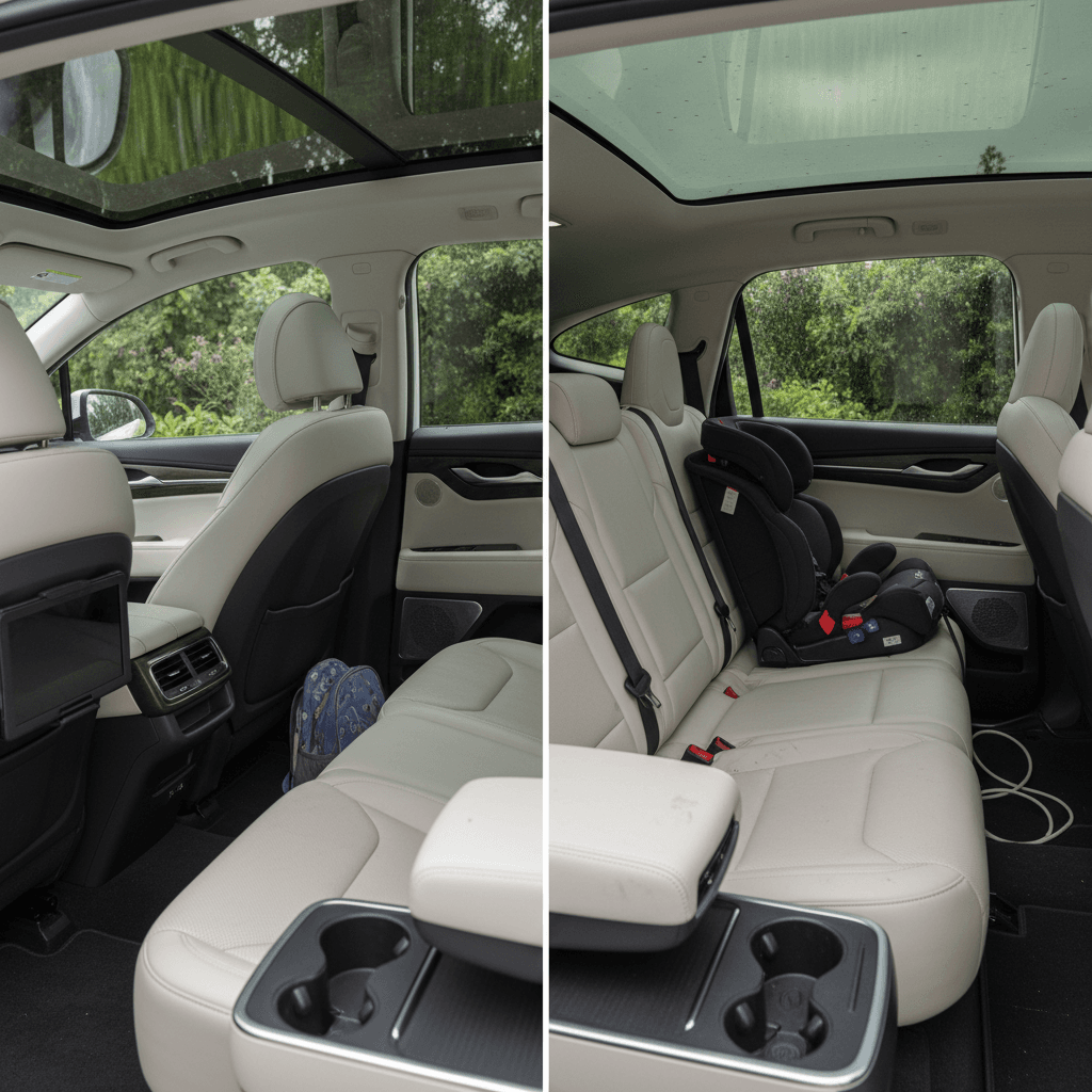 Side-by-side view of Kia EV9 and Tesla Model X interiors showing three-row seating and cargo space