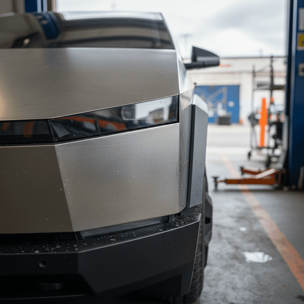Close-up of a Tesla Cybertruck front fender showing stainless steel body panel alignment and panel gaps