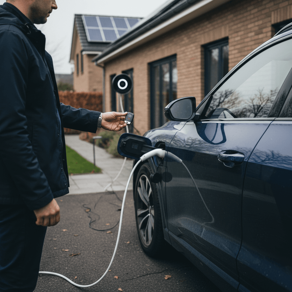 Seller and buyer reviewing an Audi Q8 e-tron battery health report on a tablet next to the vehicle