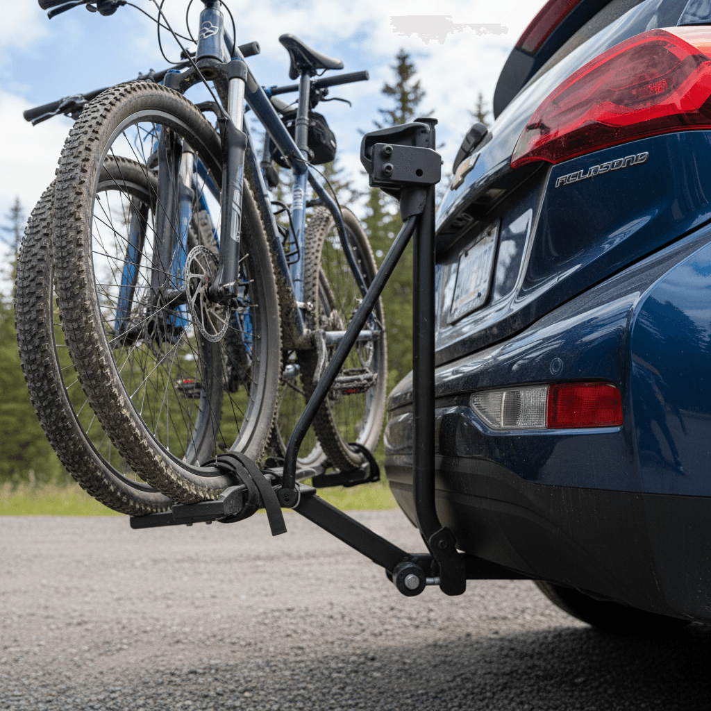 Hitch-mounted bike rack on a Chevrolet Bolt EV with two bikes secured to a 1.25-inch receiver