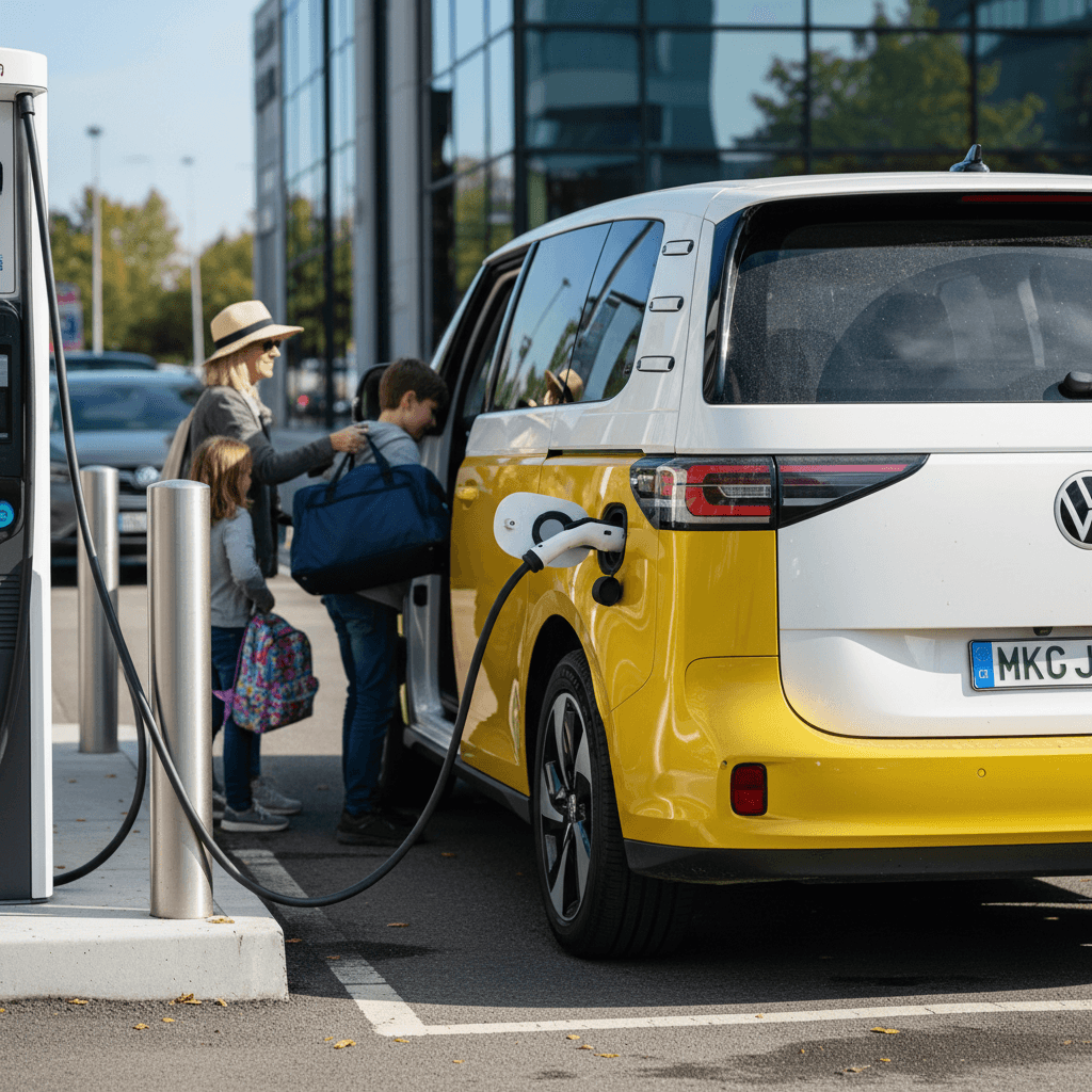Family loading bags into the rear of a 2025 Volkswagen ID. Buzz while it charges at a public DC fast charger