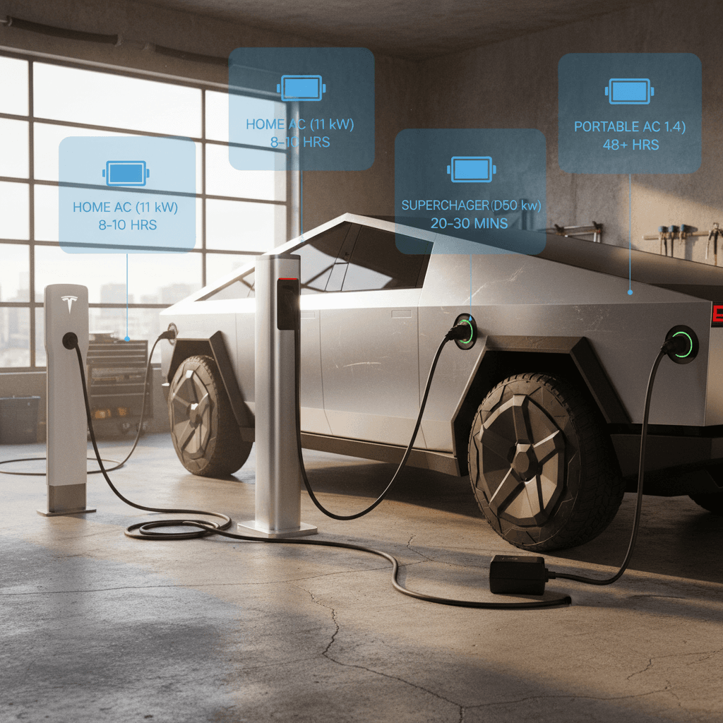 Illustration of a Tesla Cybertruck plugged into different charging options from a 120V outlet to a Tesla Wall Connector and a Supercharger, with labeled approximate charging times.