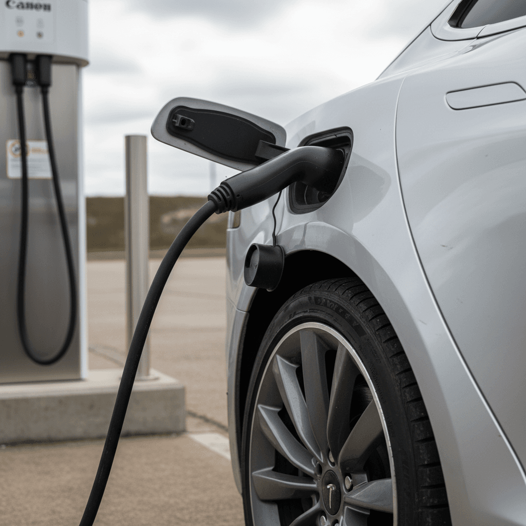 Tesla Model S charging at a fast charger, close-up of rear wheel and charge port emphasizing build quality and durability