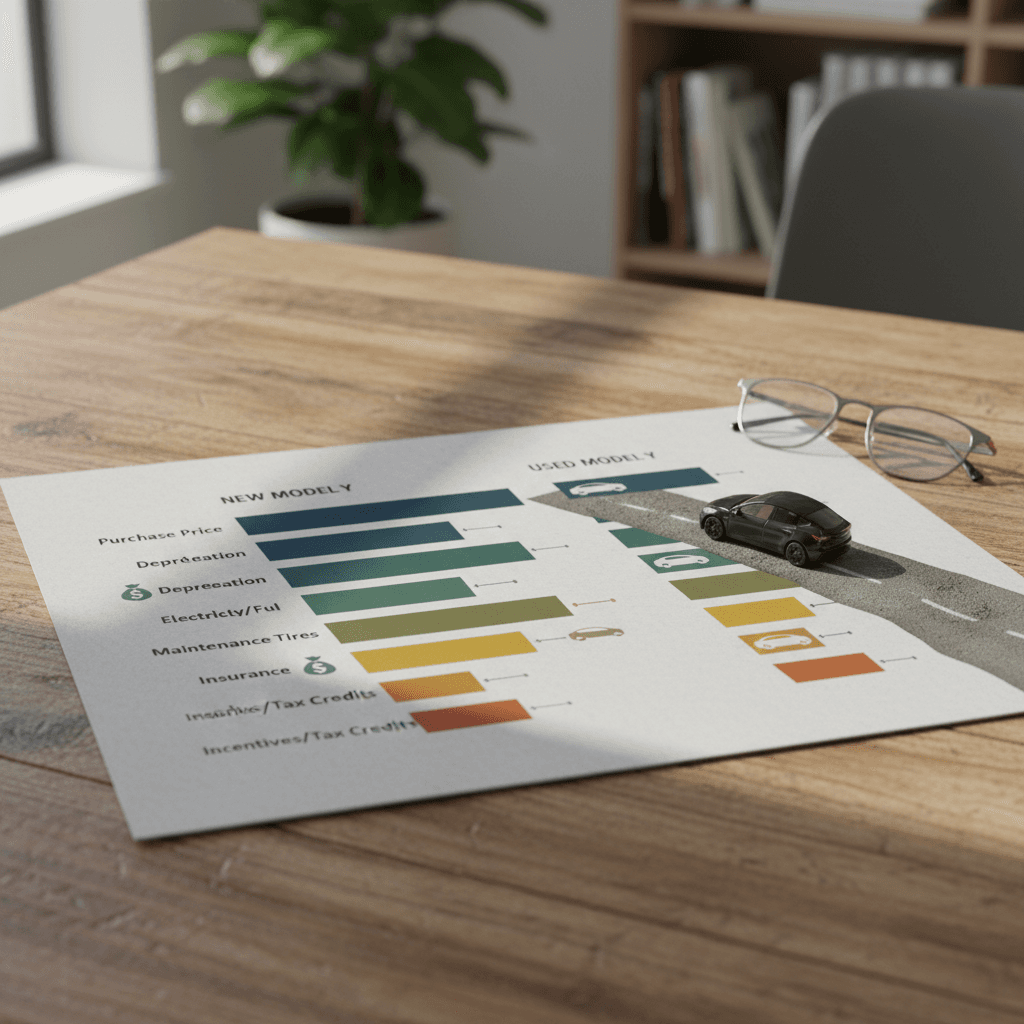 Side by side bar chart comparing 5‑year ownership costs of a new versus used Tesla Model Y, broken into payments, electricity, insurance, maintenance and depreciation.