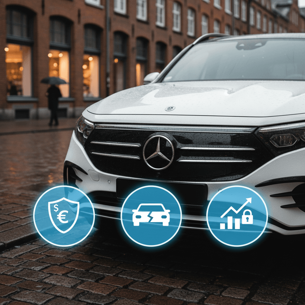 Mercedes EQB parked on a city street, representing a daily driver whose insurance costs depend on location and driving profile