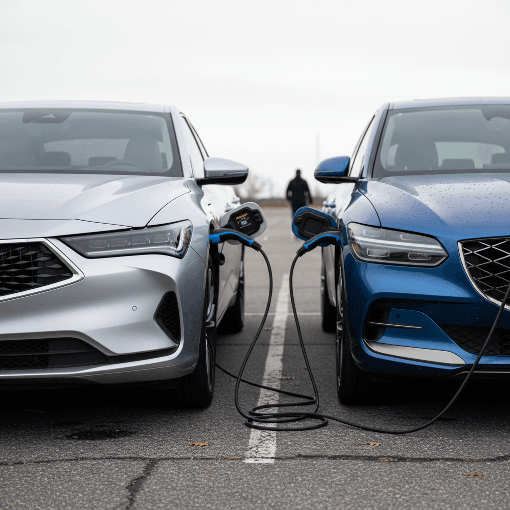 Side-by-side front three-quarter view of Acura ZDX and Genesis GV60 parked near a public fast charger