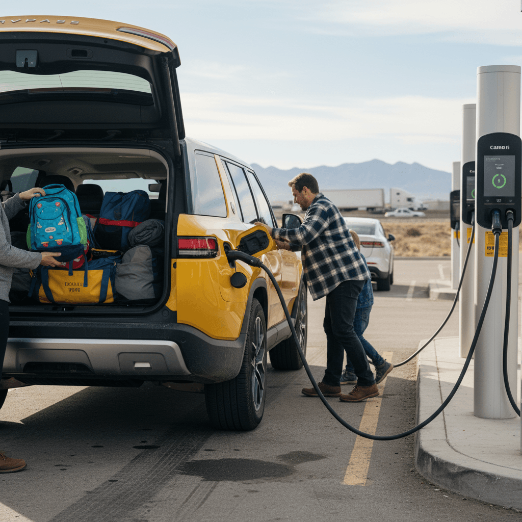Family loading luggage into a Rivian R1S while it DC fast charges during a highway road trip
