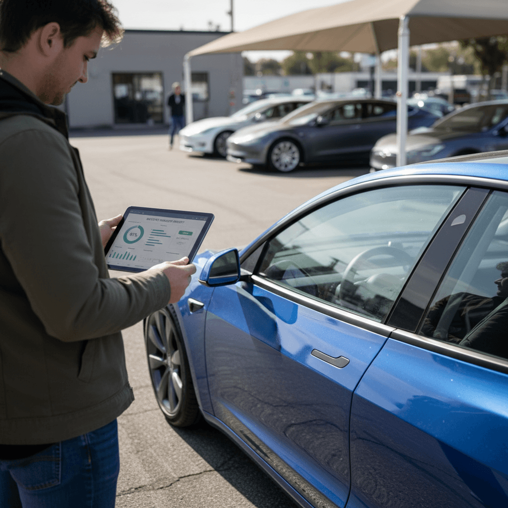 Buyer reviewing a detailed battery health and condition report for a used Tesla Model 3 on a tablet