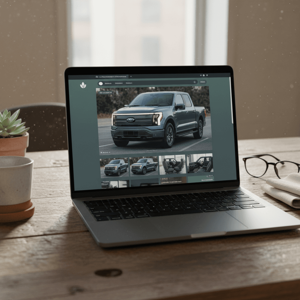Laptop open to an online used EV marketplace listing a Ford F-150 Lightning for sale