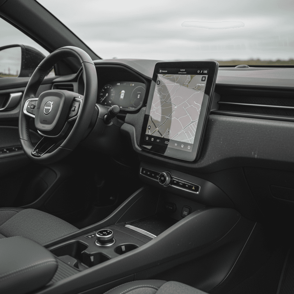Minimalist 2021 Polestar 2 interior with tall portrait touchscreen and light Scandinavian materials