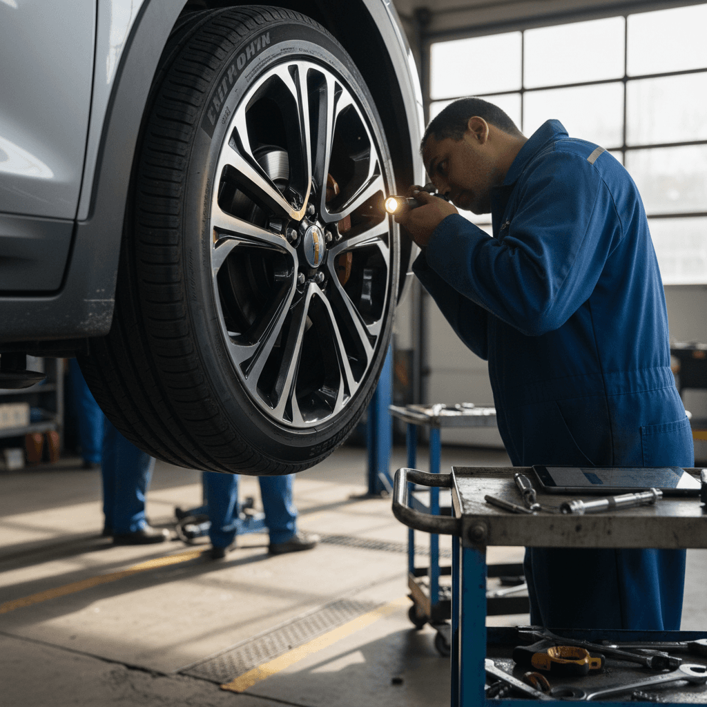 Mechanic inspecting the brakes and suspension of a Chevrolet Bolt EV on a lift