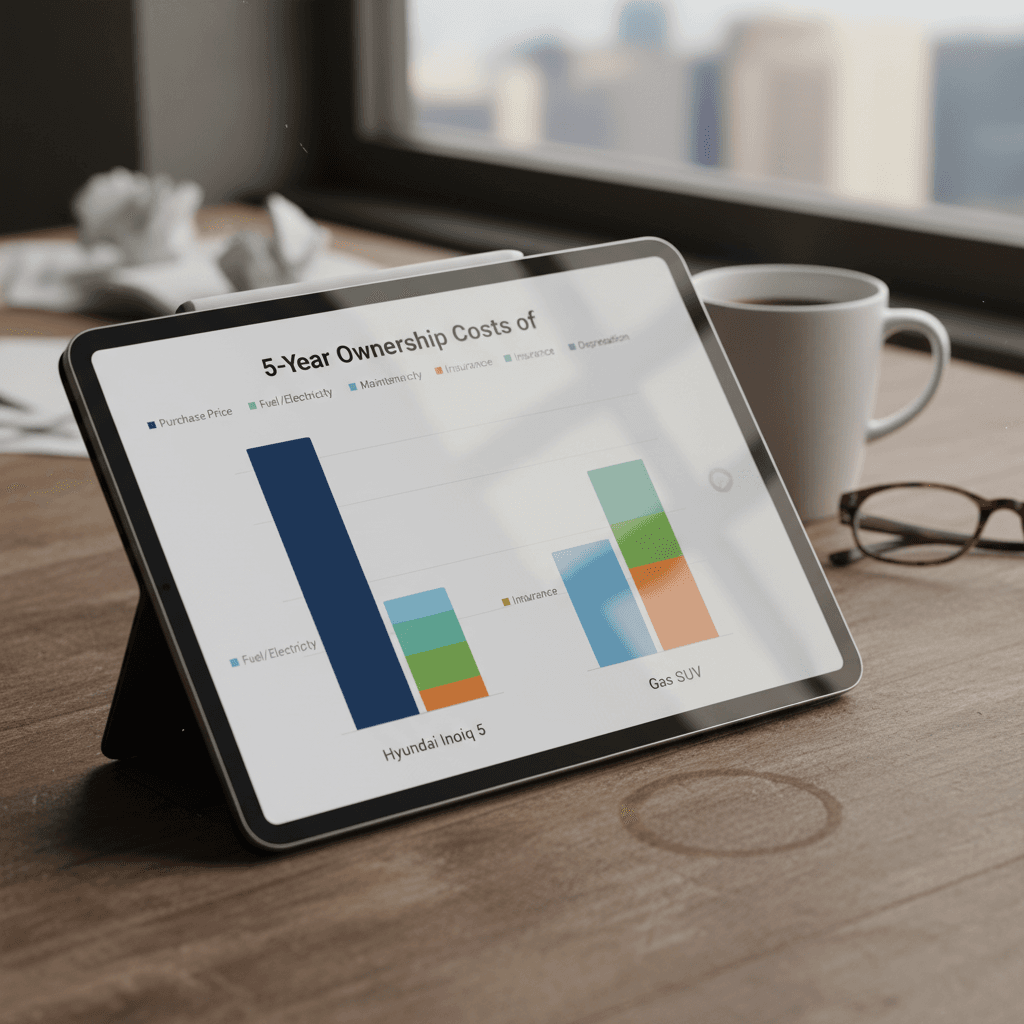 Side-by-side infographic comparing 5-year ownership cost categories for a Hyundai Ioniq 5 and a similar gas SUV
