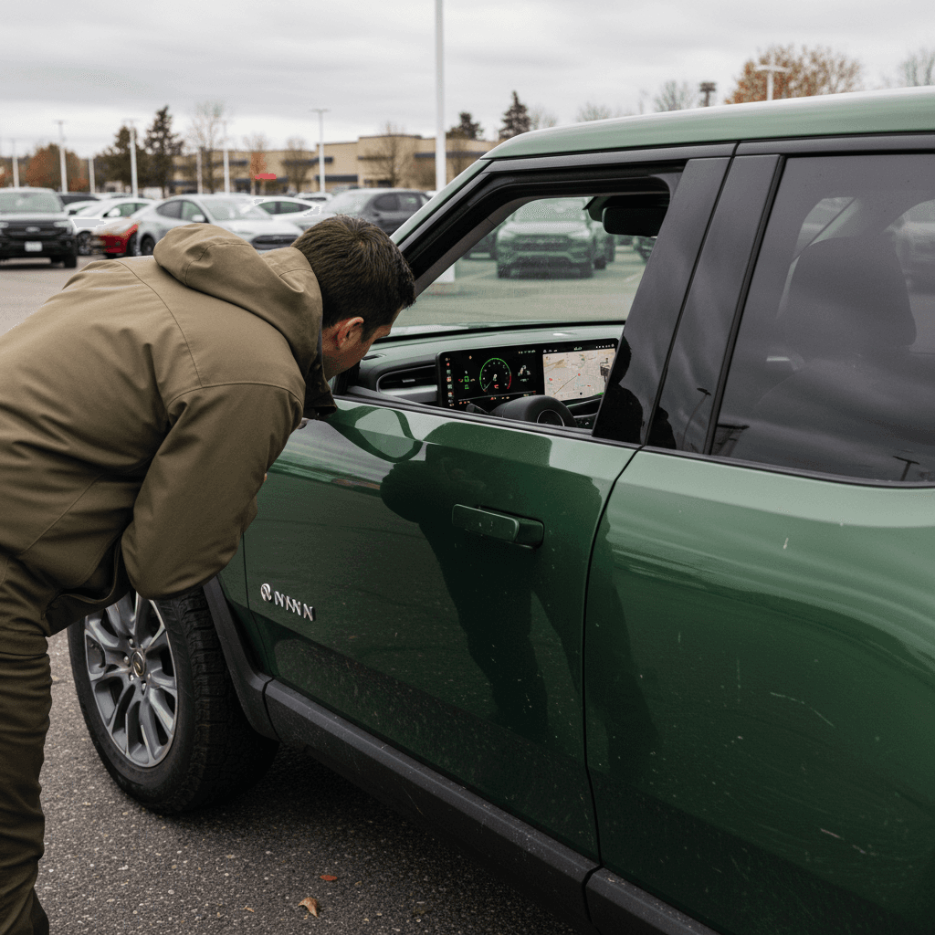 Technician inspecting a used Rivian R1S, checking tire tread and brake components in a service bay