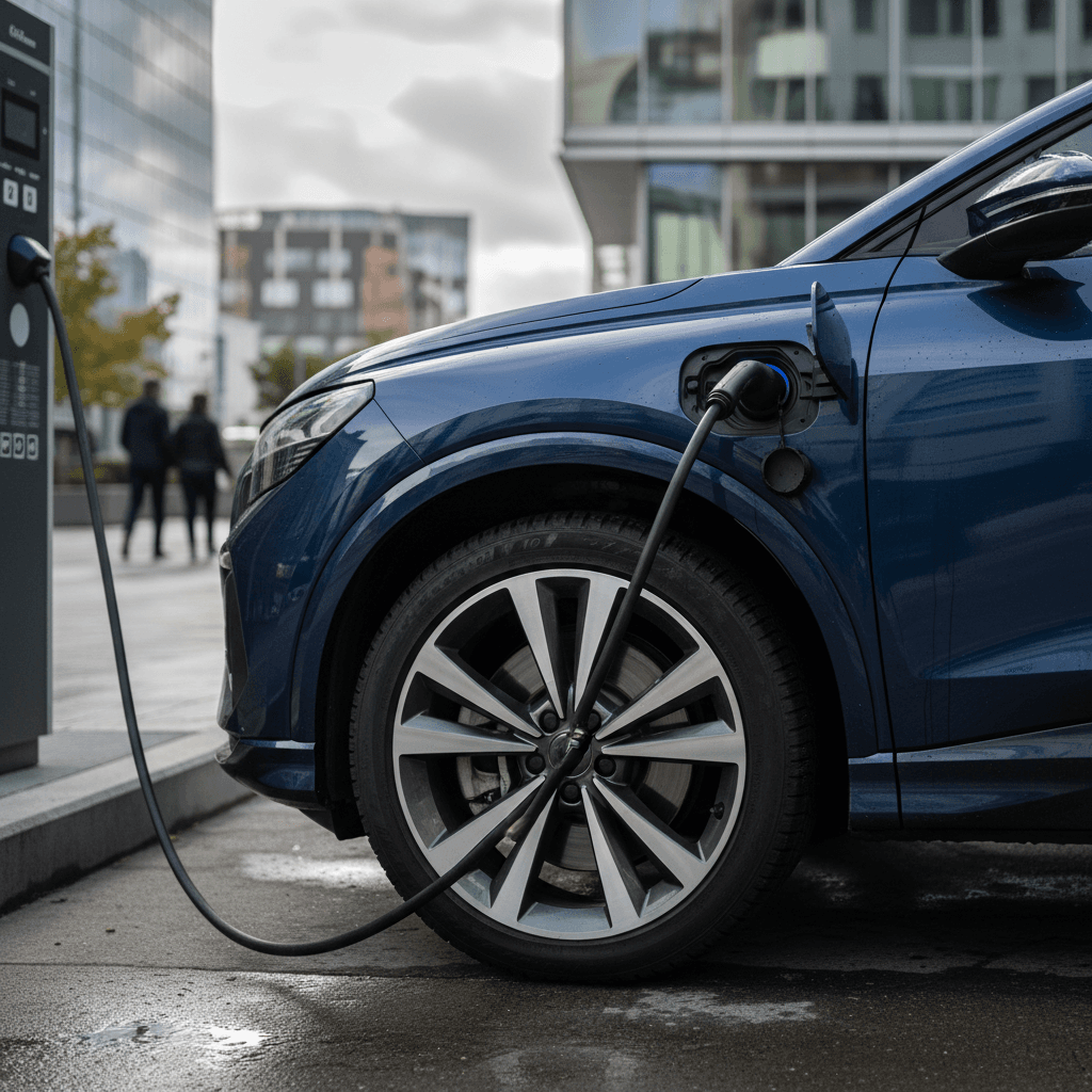 2025 Audi Q4 e-tron plugged into a DC fast charger in a city parking lot