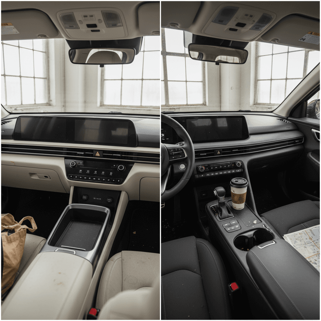 Dashboard layouts of a Hyundai Ioniq 5 and Kia EV6 showing different interior designs on the same EV platform