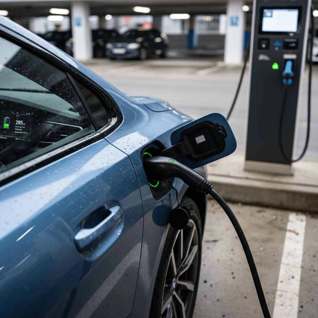 2024 BMW i4 plugged into a DC fast charger with charging status displayed on the instrument cluster