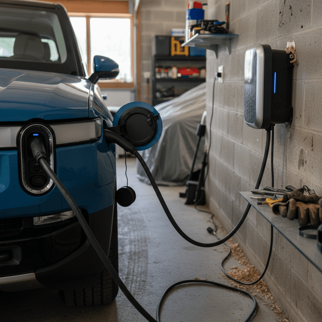 Rivian R1S parked in a home garage connected to a wall-mounted Level 2 charger