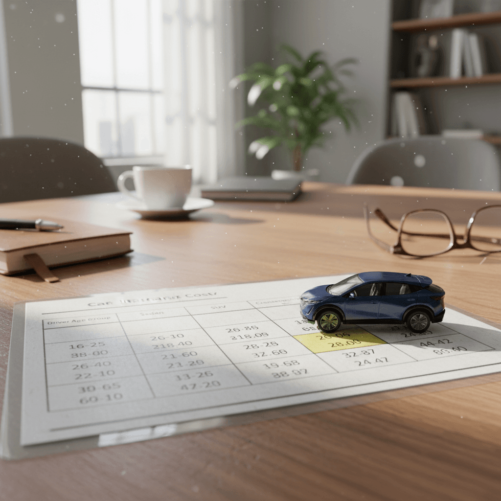 Bar chart showing how car insurance costs peak for teen drivers and decline by middle age before rising slightly for seniors, with an electric crossover highlighted on each bar.