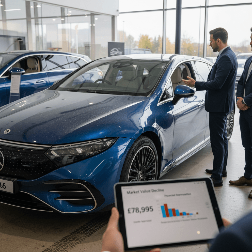 Salesperson and EV owner reviewing Mercedes EQS trade-in value estimate on a tablet inside a bright dealership showroom
