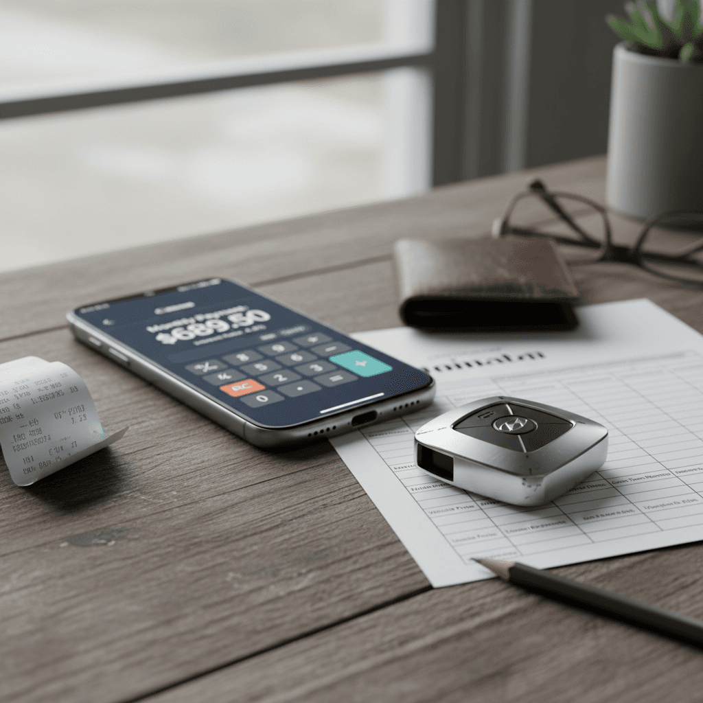 Smartphone with a loan calculator app open next to Hyundai Ioniq 5 paperwork and a key fob