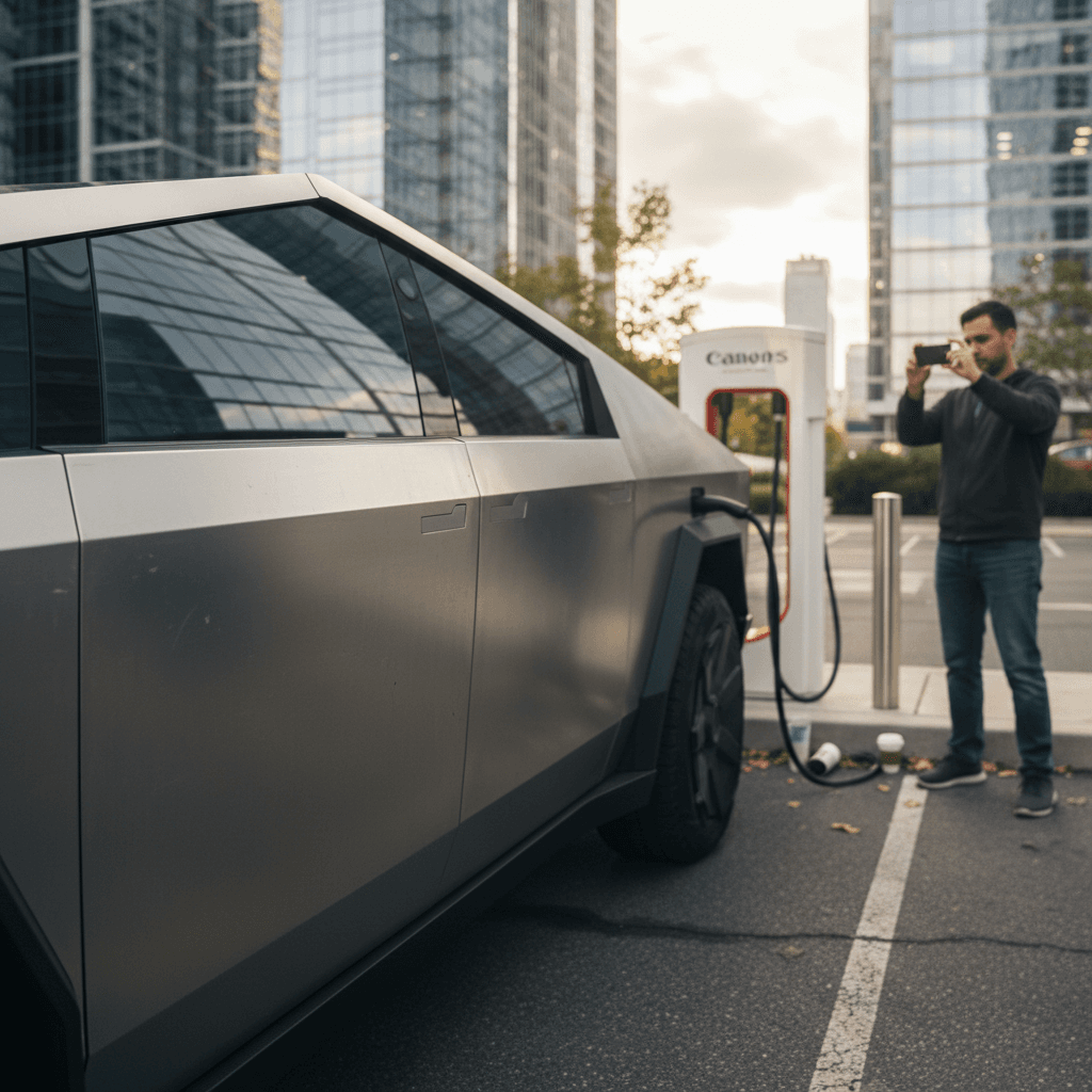 Owner photographing a Tesla Cybertruck at a charging station to create an online listing