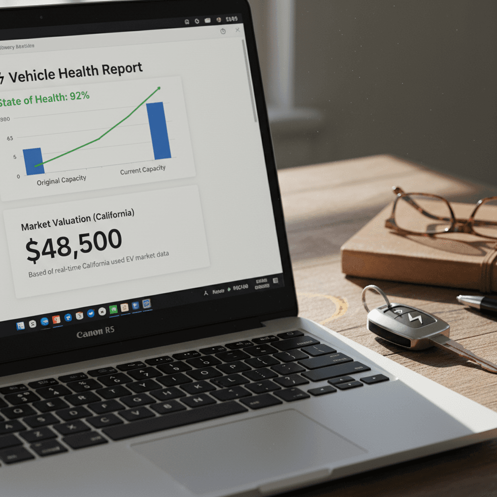 Laptop showing an EV battery health report and valuation next to car keys on a table
