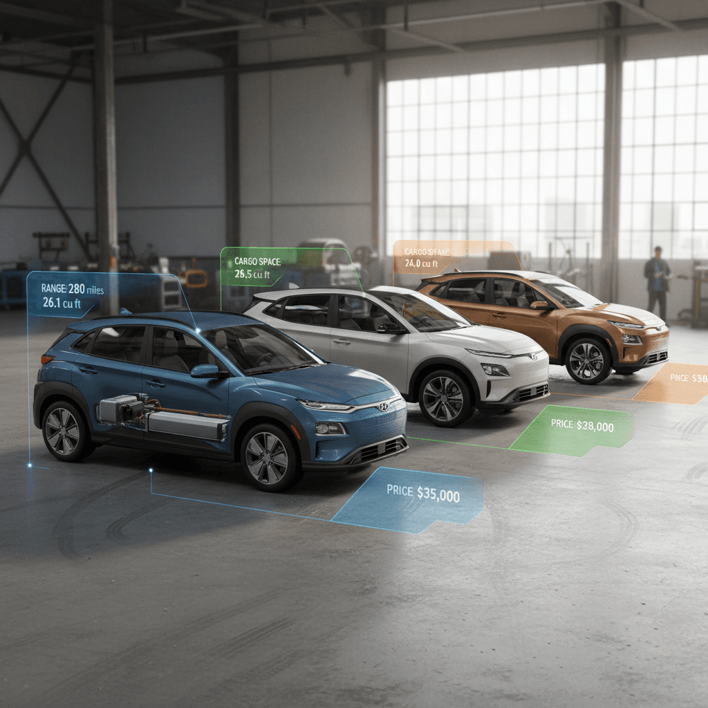 Lineup of several compact electric SUVs with labels for range, cargo volume, and pricing tiers