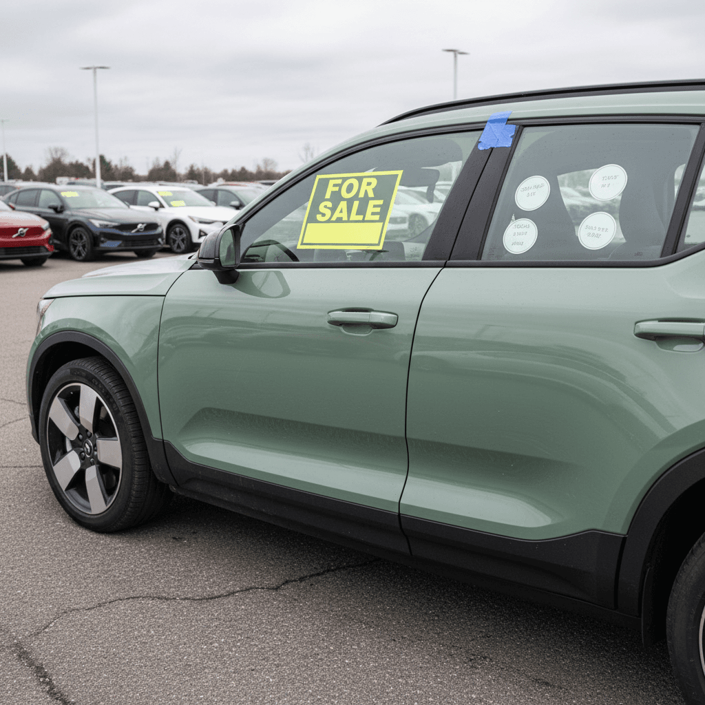 Used Volvo C40 Recharge parked at a dealership lot with pricing displayed on the windshield