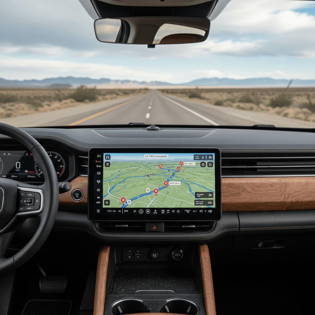 Rivian R1S interior with central touchscreen showing electric road trip route and planned charging stops