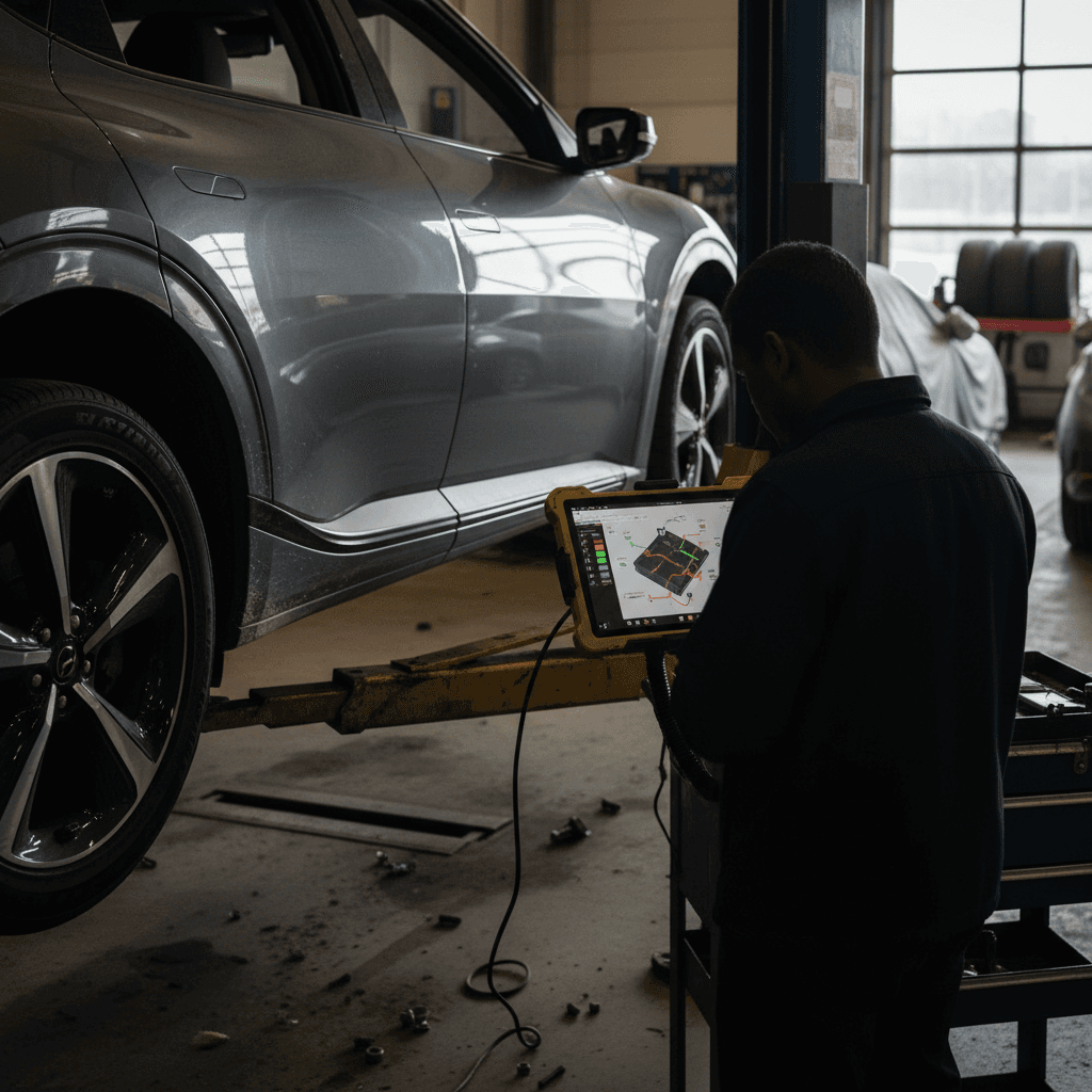 Technician examining a used 2022 Kia EV6 on a lift while checking battery health data on a tablet