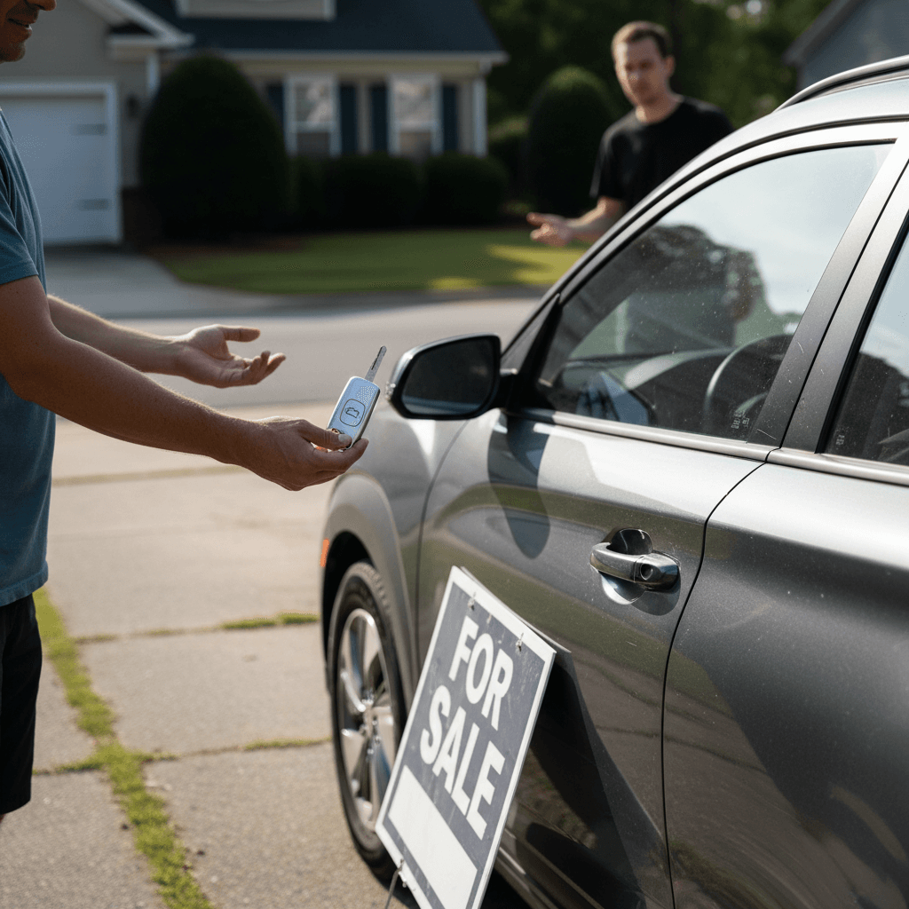 South Carolina EV owner handing keys to a private buyer in a suburban driveway