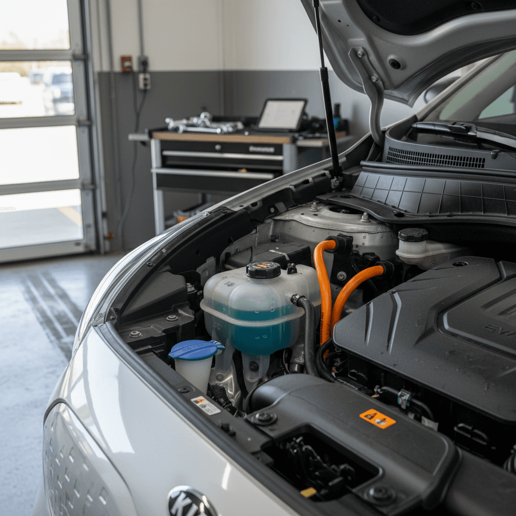 Technician checking the coolant reservoir and high voltage labels under the hood of a Kia Niro EV in a service bay