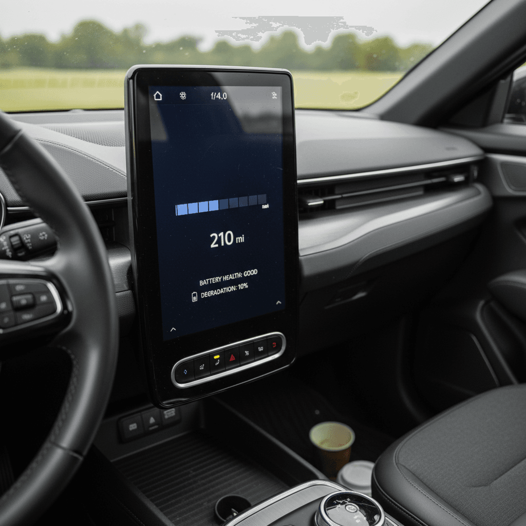 Ford Mustang Mach-E center screen displaying battery state of charge and estimated driving range while parked