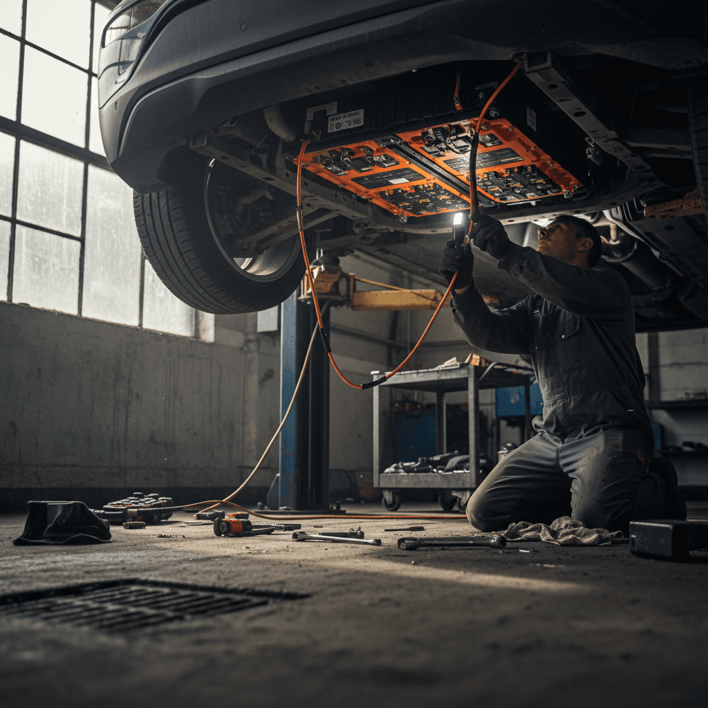 Technician inspecting the high-voltage battery pack under a Chevrolet Bolt EV on a lift