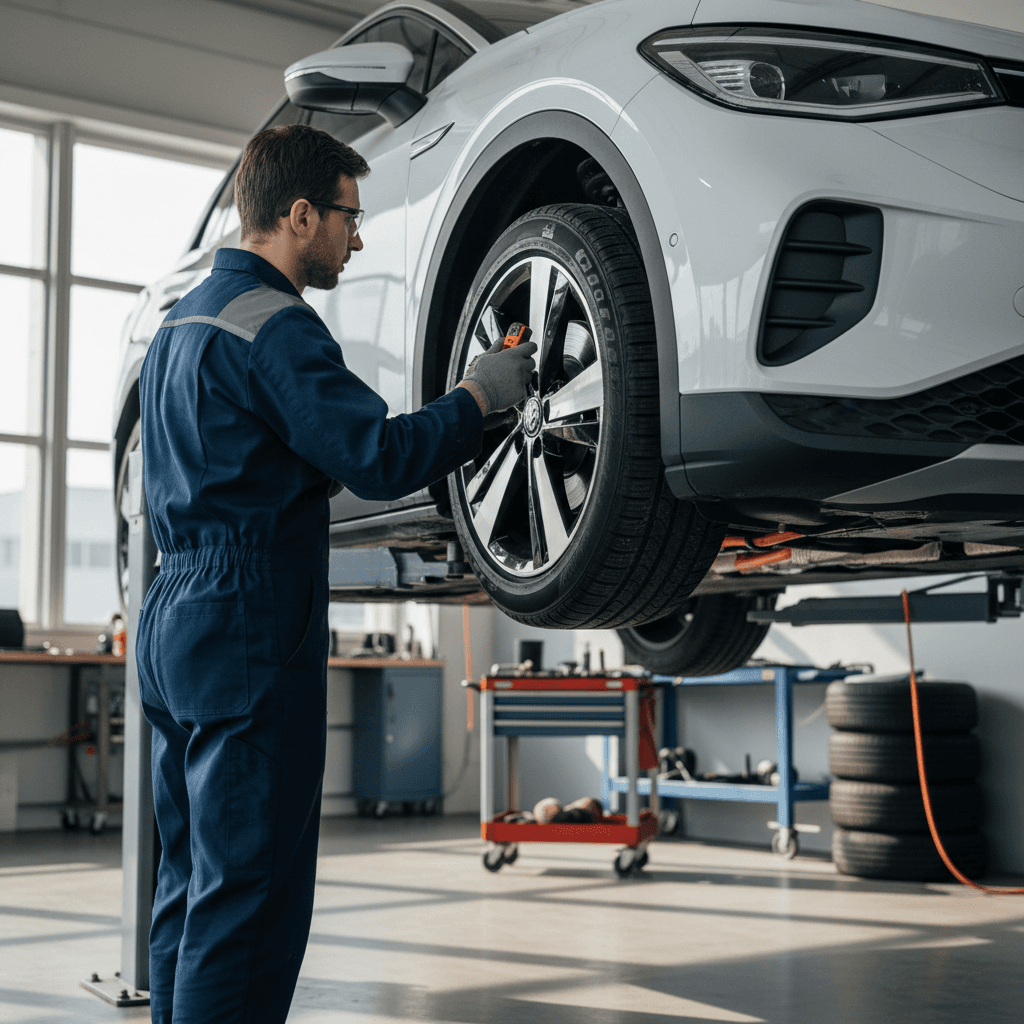 Volkswagen ID.4 on a service lift while a technician inspects suspension and wheels