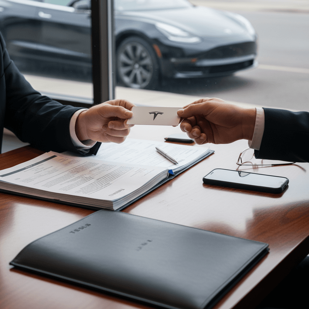 Seller and buyer reviewing paperwork and battery‑health report for a Tesla Model 3 at a dealership desk before completing a used EV sale