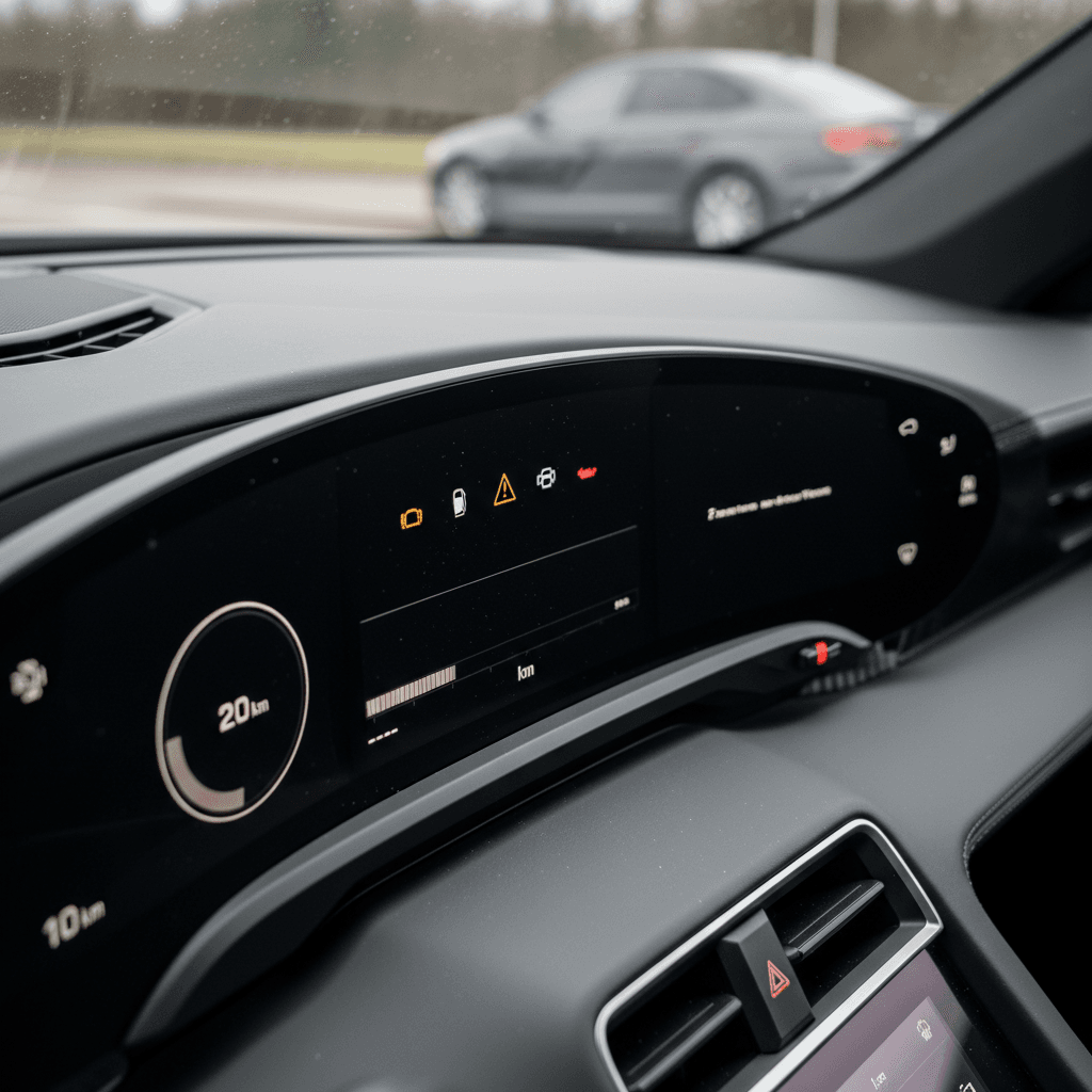 Digital cluster in a 2021 Porsche Taycan showing multiple warning lights and battery indicator illuminated