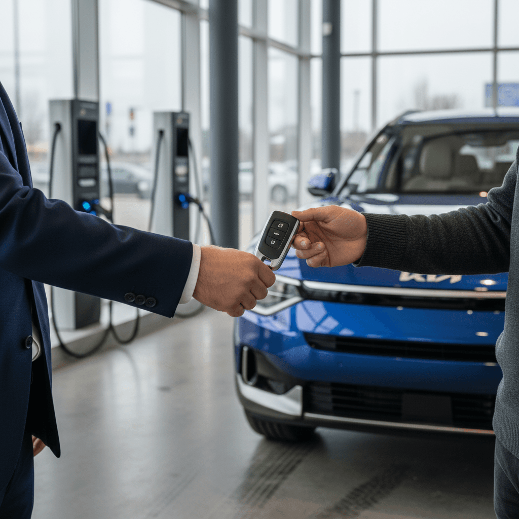 Kia EV9 owner handing keys to a buyer at a modern EV-focused dealership with charging stalls in the background