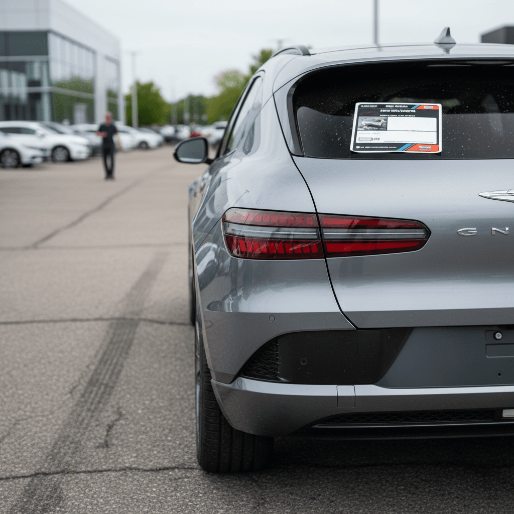 Used Genesis GV60 parked on a dealer lot with visible price sticker and clean exterior