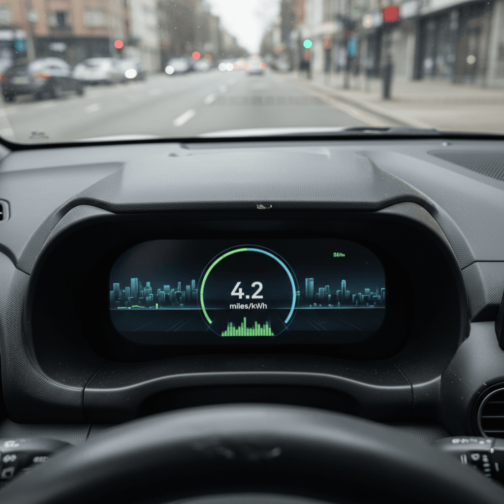 Hyundai Kona Electric dashboard showing real-time energy efficiency in miles per kWh while driving through city traffic